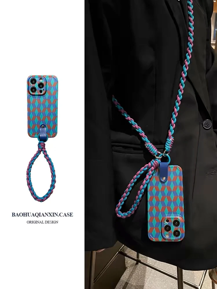 孔雀蓝撞色编制手绳iPhone17promax手机壳苹果15手提斜跨14防摔女