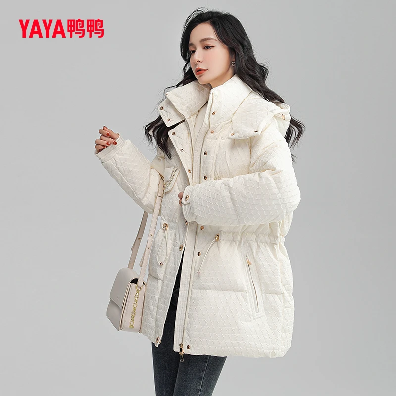 YAYA/鸭鸭中长款羽绒服女冬季新款时尚收腰抽绳小香风保暖厚外套