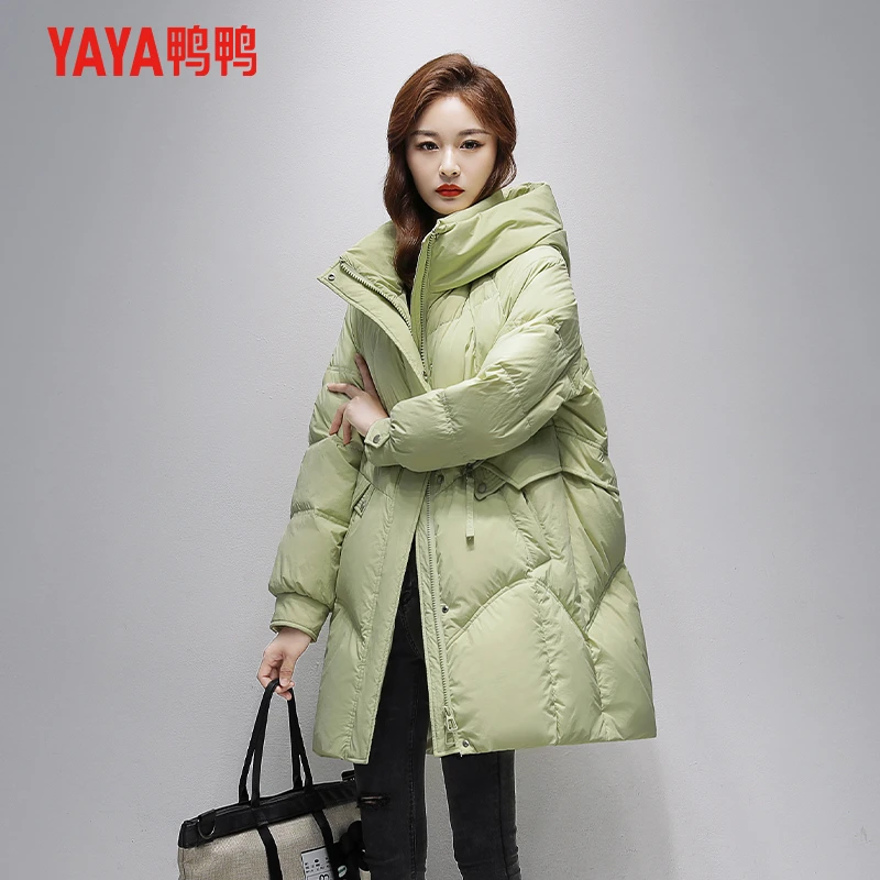 YAYA/鸭鸭新款2024韩版立领连帽羽绒服女中长款时尚冬季保暖外套