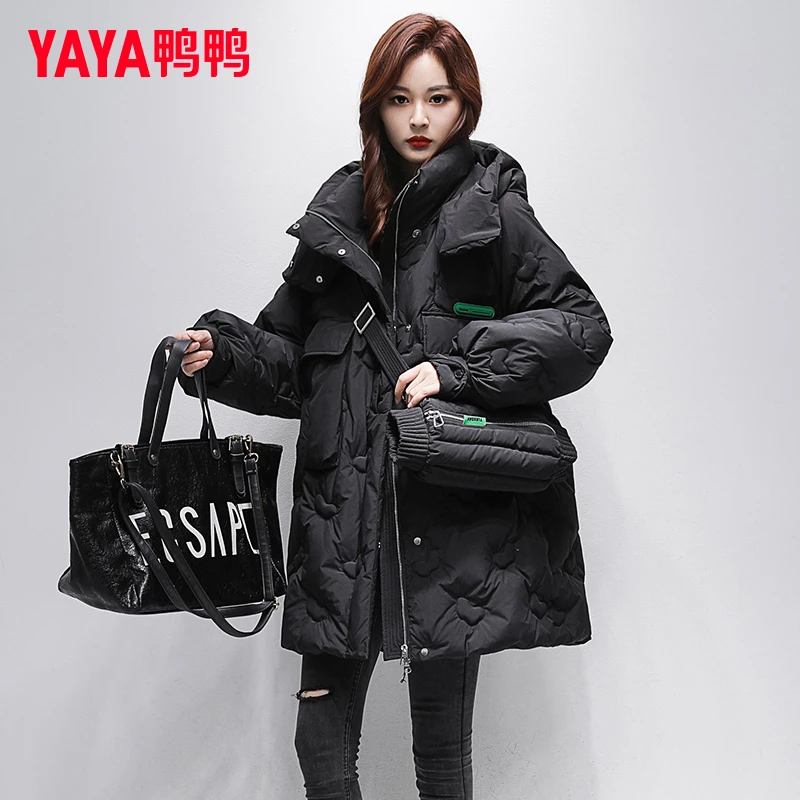 YAYA/鸭鸭中长款羽绒服女士2024年冬季新品韩版宽松甜美减龄外套
