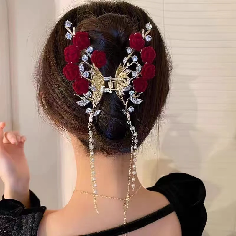 锌合金发饰 古风红玫瑰蝴蝶流苏抓夹头饰气质女后脑勺发夹鲨鱼夹
