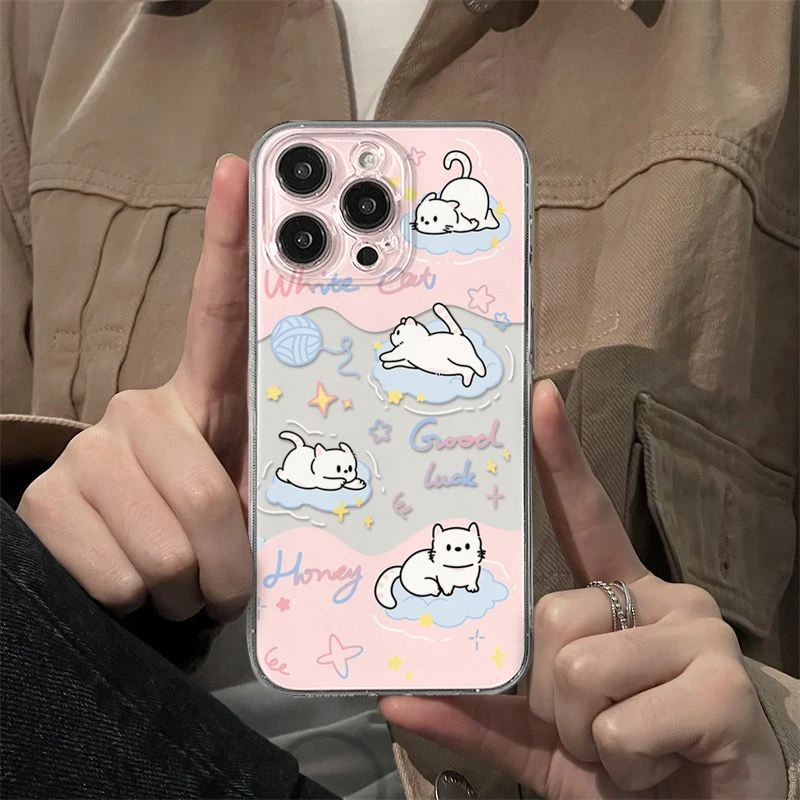 iPhone15promax粉色云朵猫咪手机壳卡通14plus苹果13pro软壳7 8p