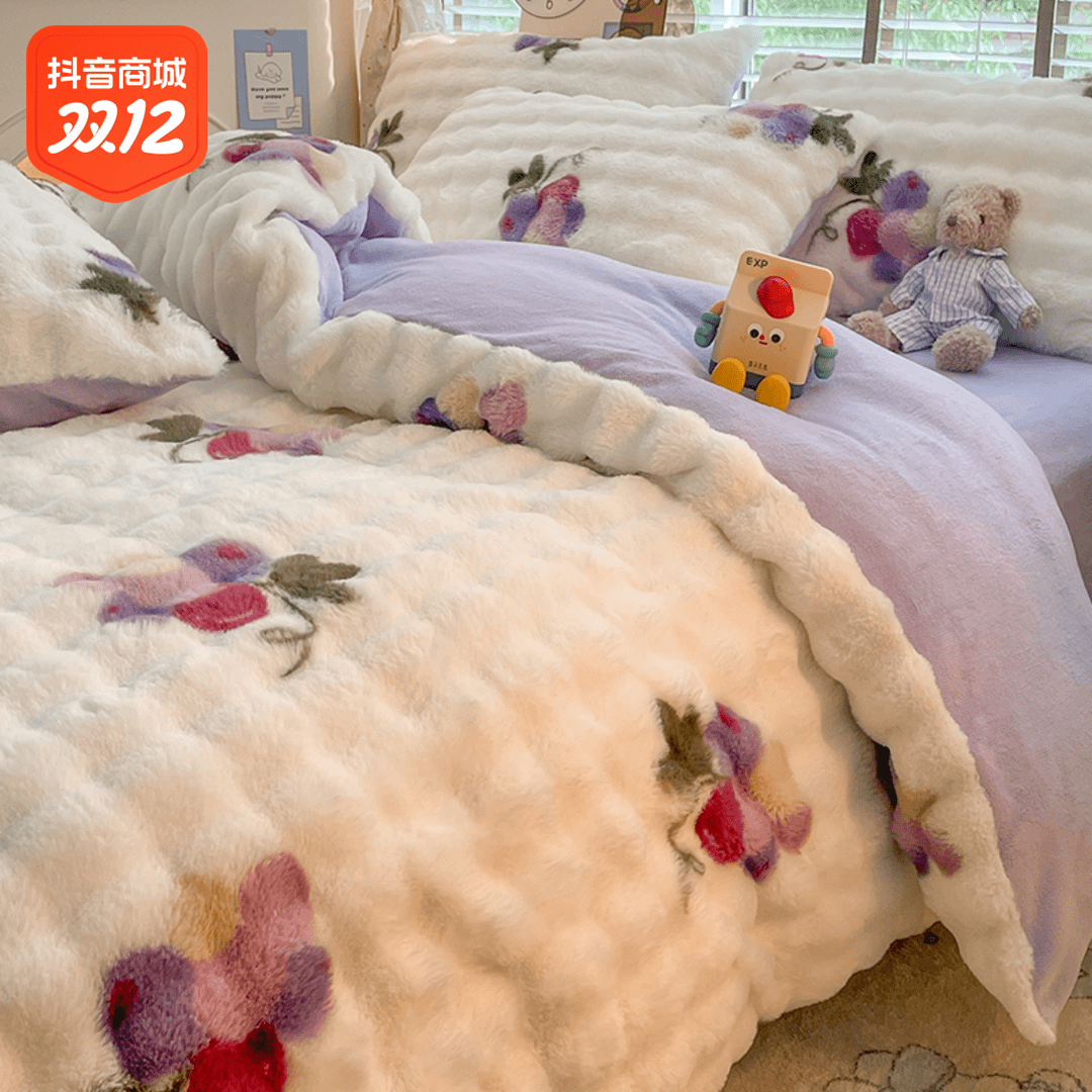 冬季双面加厚兔毛绒四件套牛奶绒双面绒珊瑚绒面被套床单床上用品