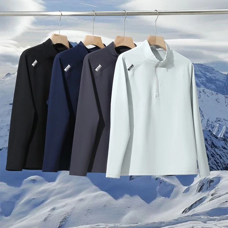 冬款弹力暖绒户外半拉链长袖男士运动卫衣打底衫9758-