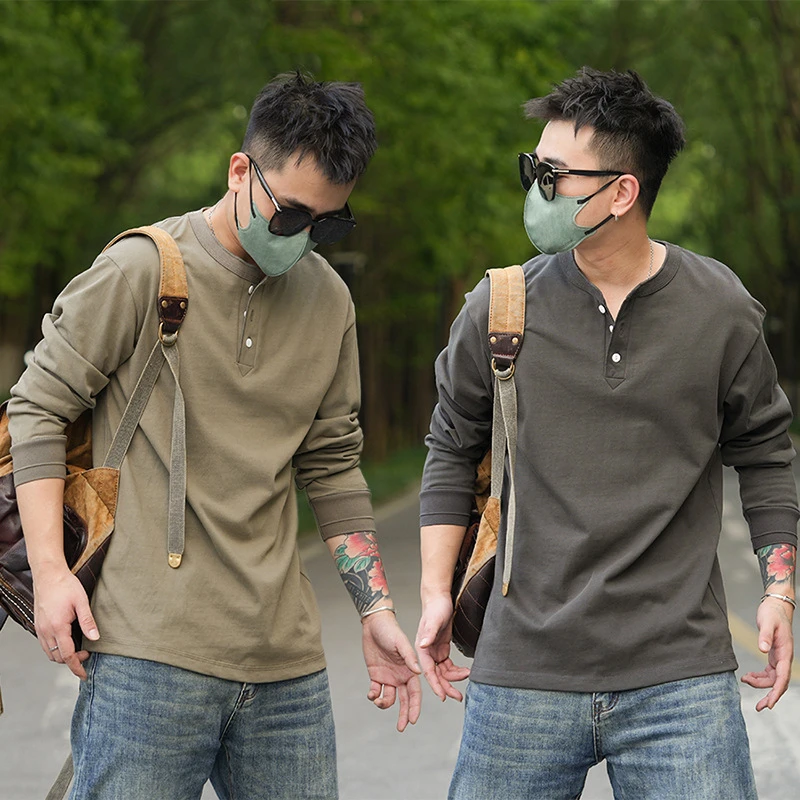 美式复古重磅300g亨利领素板工装秋冬休闲长袖T恤上衣打底衫