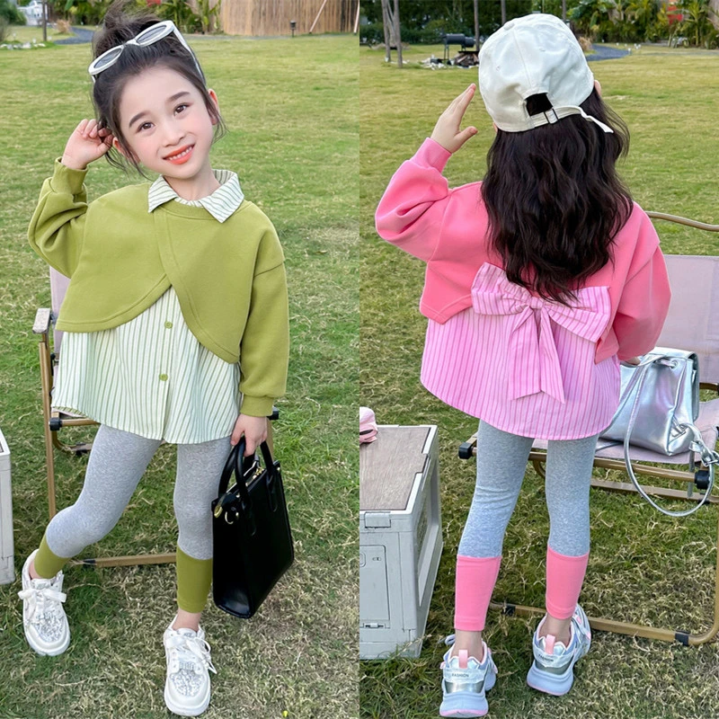 女童休闲套装2024新款儿童春秋装韩版洋气宝宝蝴蝶结打底裤两件套