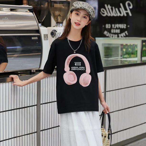 【耳麦】夏季新品女童学生韩版洋气百搭百棉青少年宽松短袖T恤1325