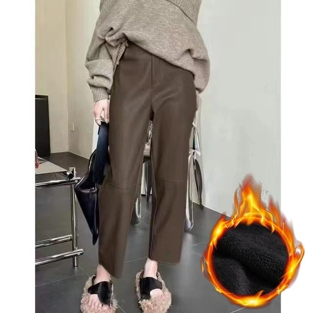 柔软仿真小羊皮宽松2024年气质后腰松紧小直筒九分穿搭pu皮裤女美