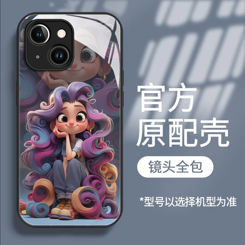 新款紫发公主适用于苹果15promax/华为/oppo高级感玻璃手机壳个性