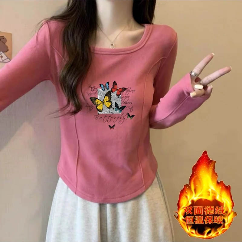 德绒长袖t恤女秋冬新款方领设计感小众修身百搭打底衫鱼骨上衣女