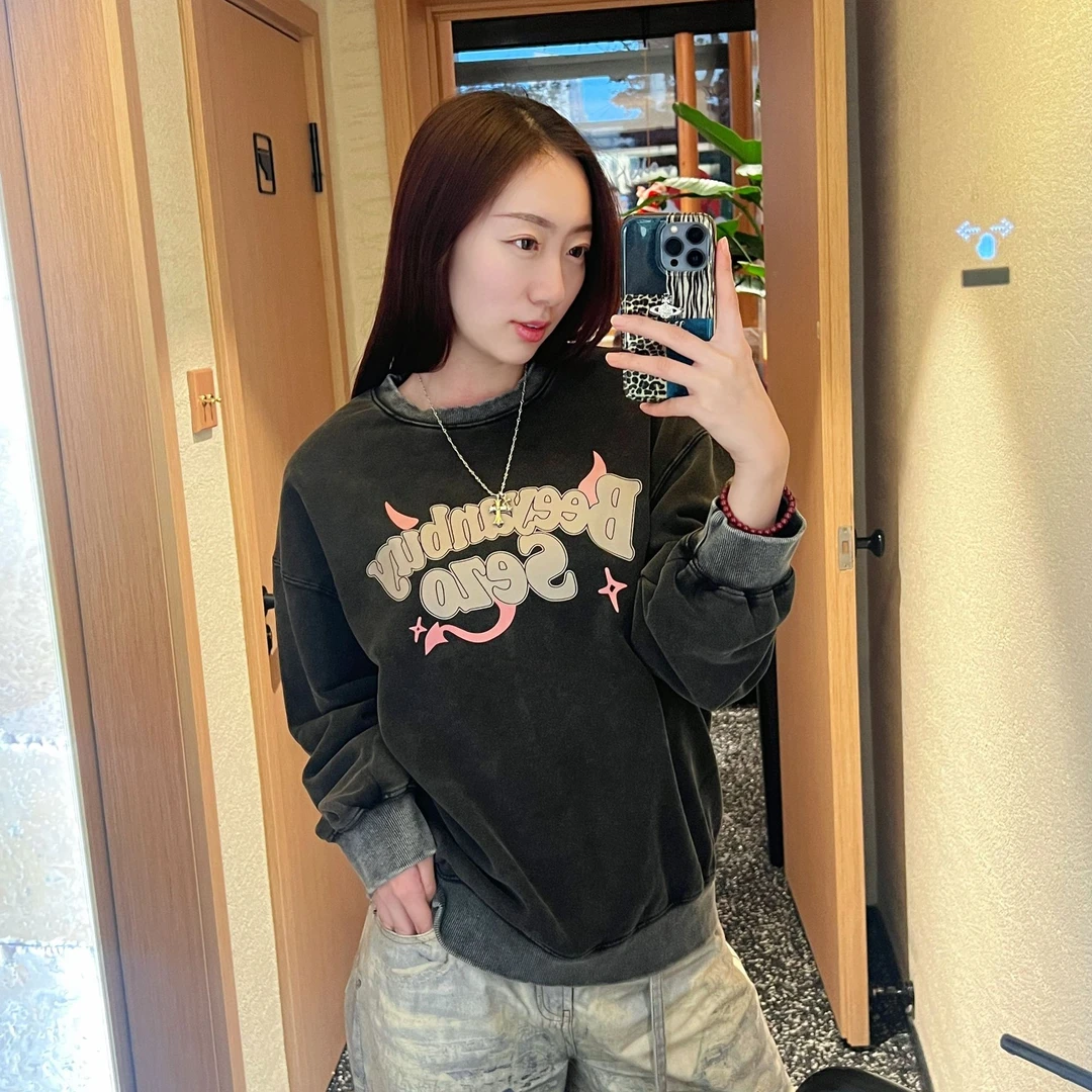 【YUCHEN】做旧黑色加绒卫衣秋冬女款美式复古慵懒风上衣