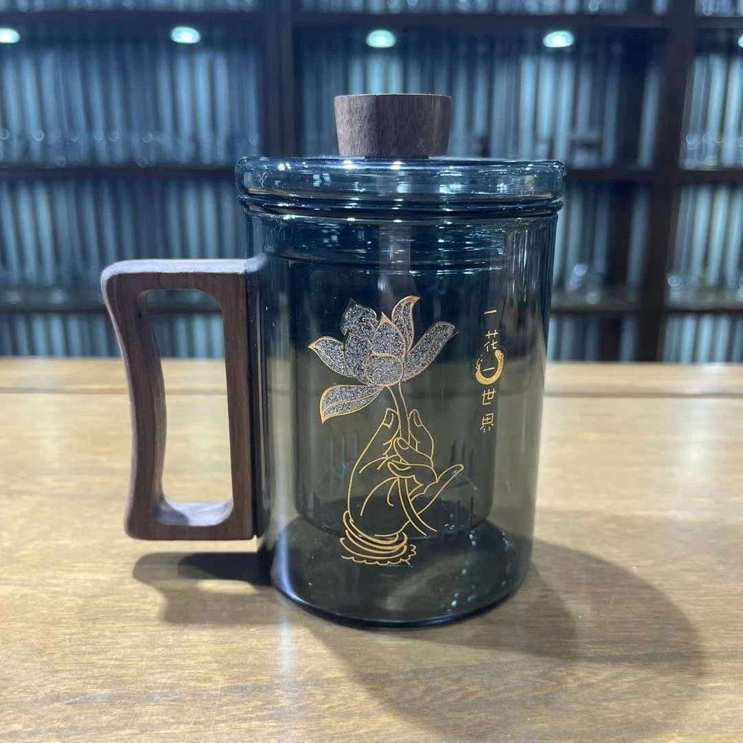 锦帆泡茶杯茶水分离办公室茶道喝茶杯子带盖木把个人高档玻璃水杯