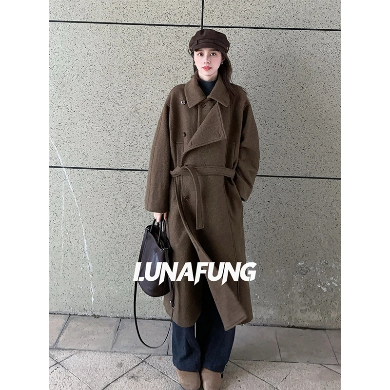 LUNAFUNG冯下文长款羊驼毛大衣女廓形毛呢外套韩版宽松复古老钱风