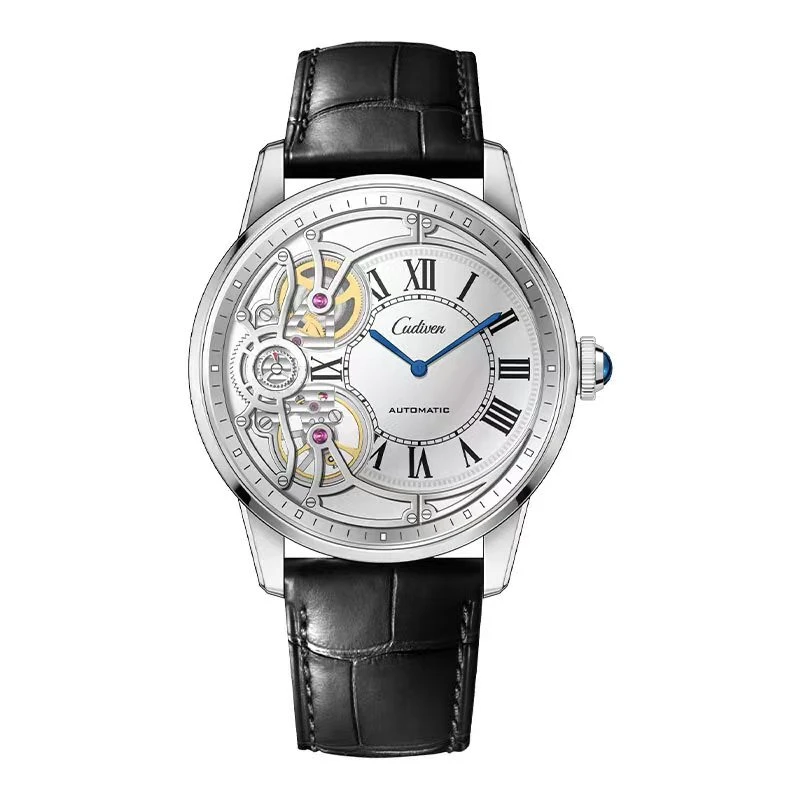 男士百搭潮流罗马刻度牛皮商务镂空双飞轮防水夜光手表通c168042