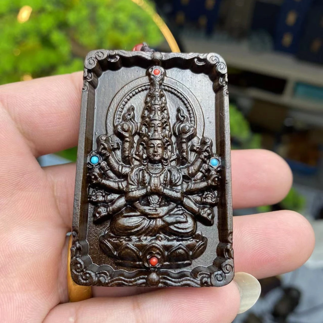正区印尼达拉干千手观音手把件挂件文玩精工原木雕刻 车挂吊坠