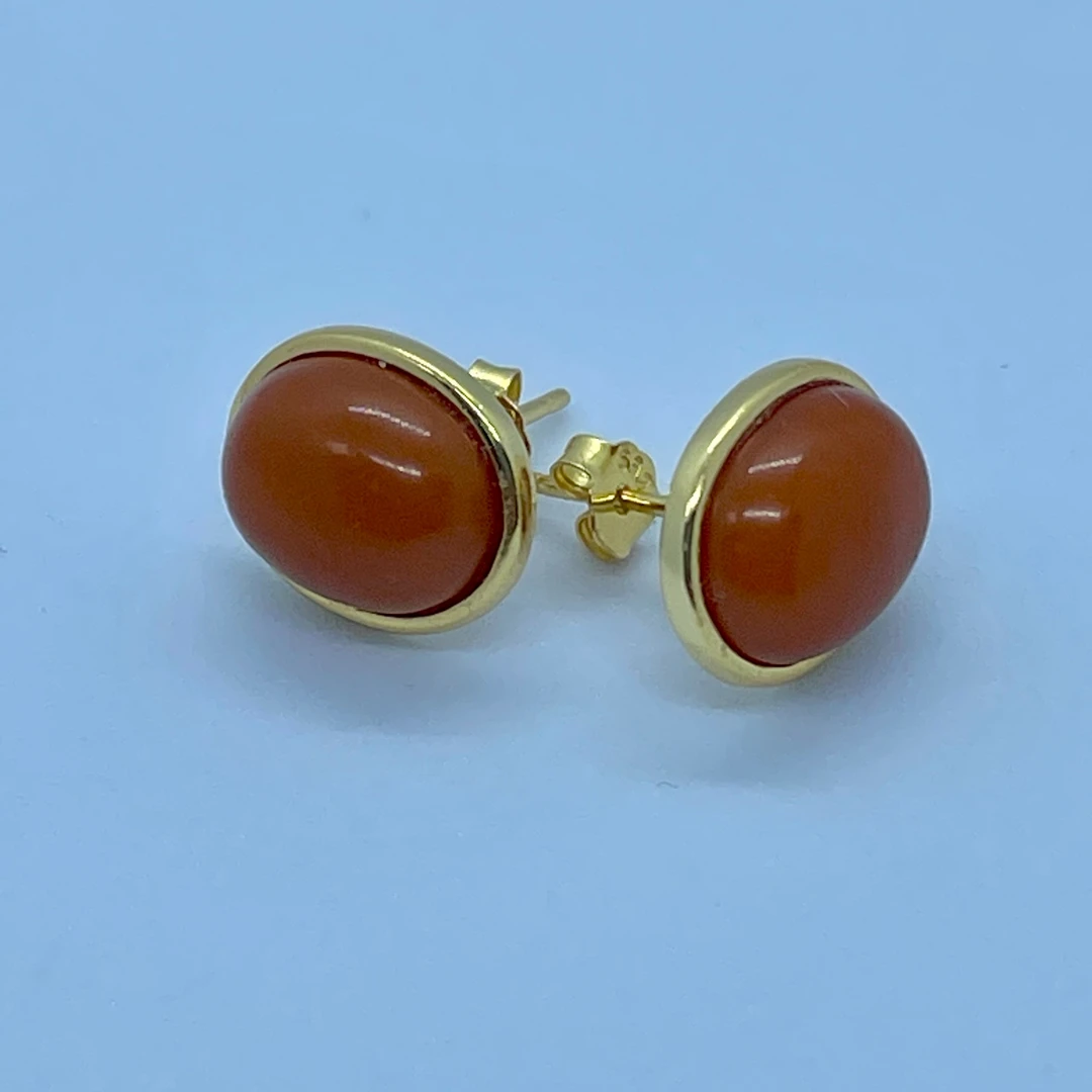 【宝宜臻品】银镶天然老蜜蜡蛋面耳钉柿子红金色镶嵌精致简约气质