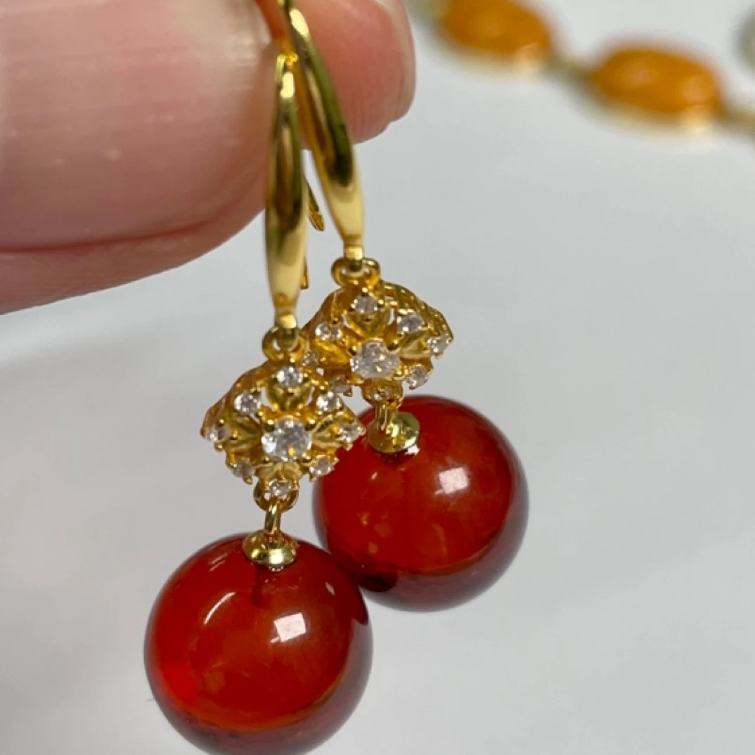 【宝宜臻品】银镶天然净水血珀圆珠耳环13mm+