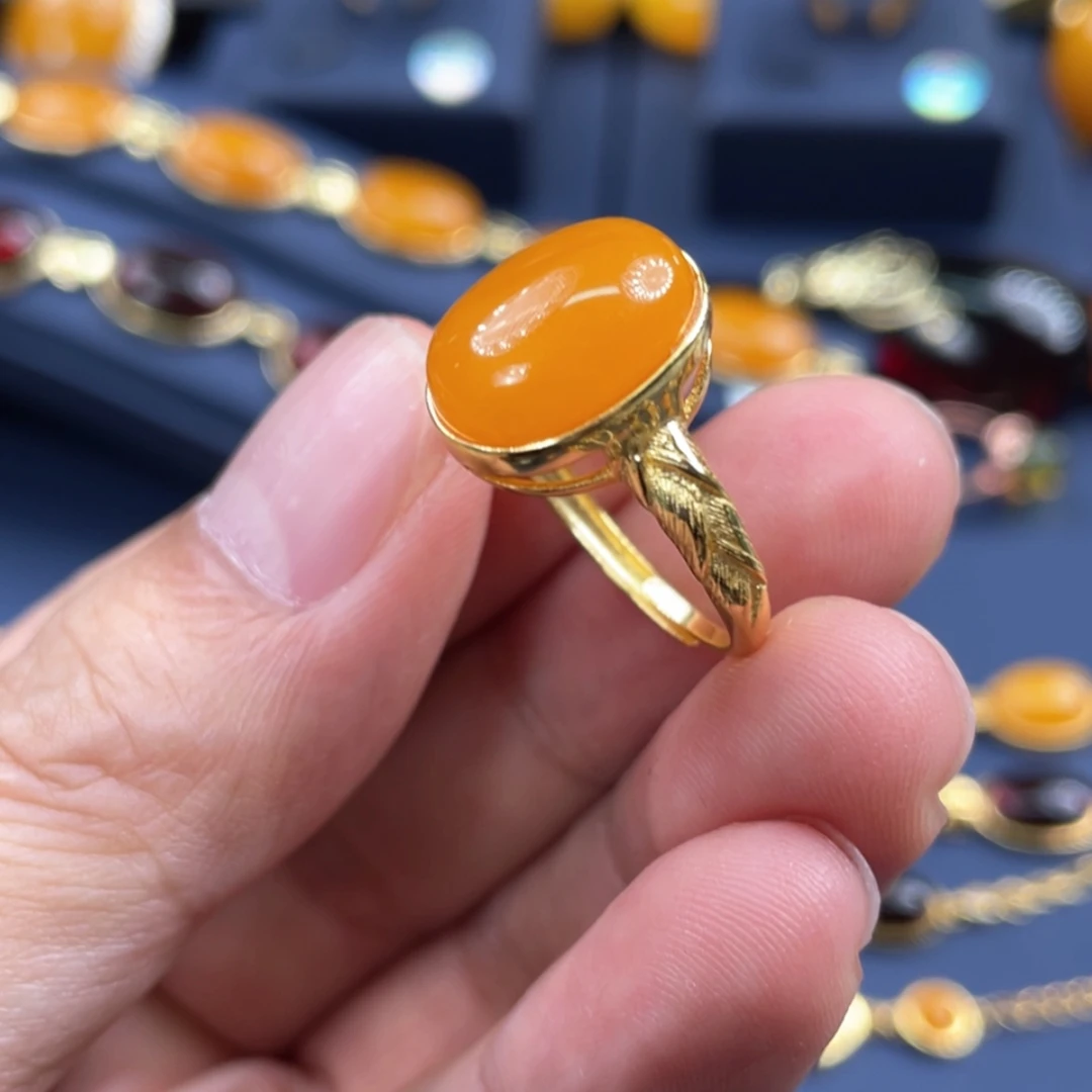 【闪购商品】蜜蜡戒指银S925镀金镶嵌