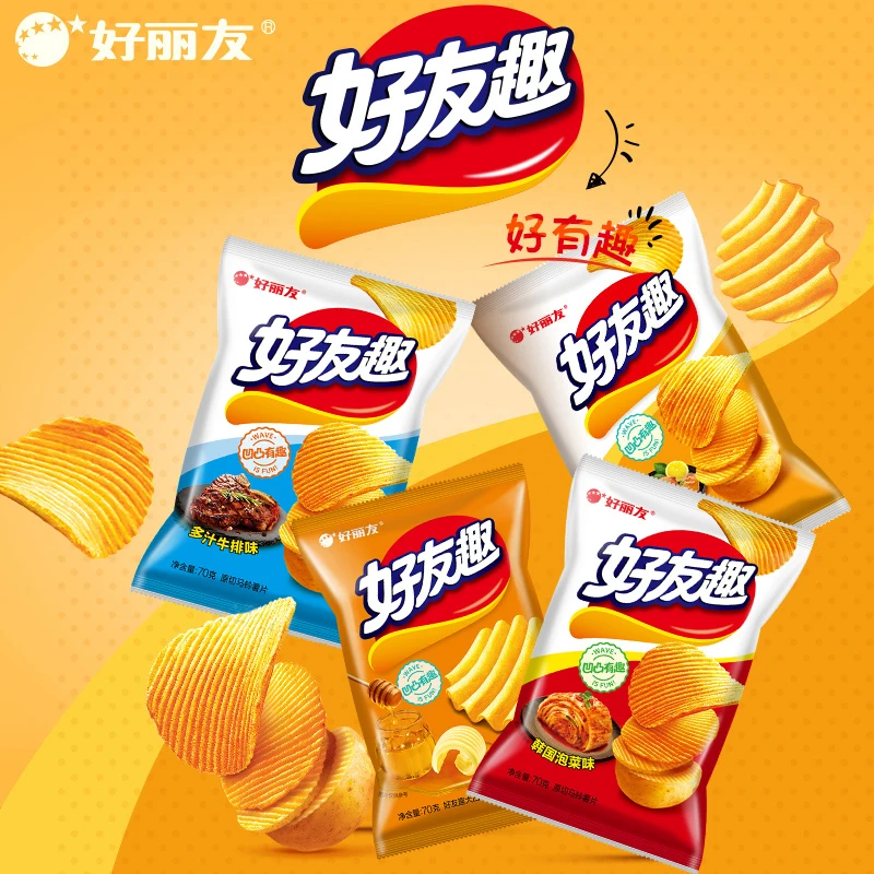 好丽友好友趣大凹凸泡菜薯片45g*3袋膨化休闲零新鲜食品整箱批发