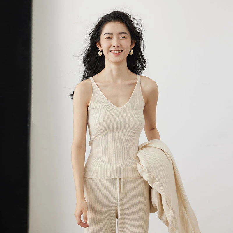 V领吊带修身羊绒背心女竖条百搭针织上衣