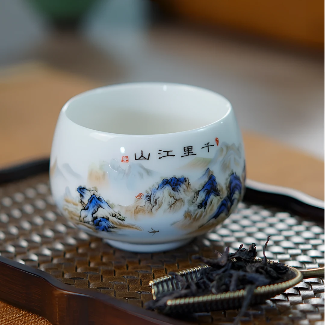 千里江山主人杯高端主人杯纯手工中式描金杯复古大号手绘白瓷罗汉