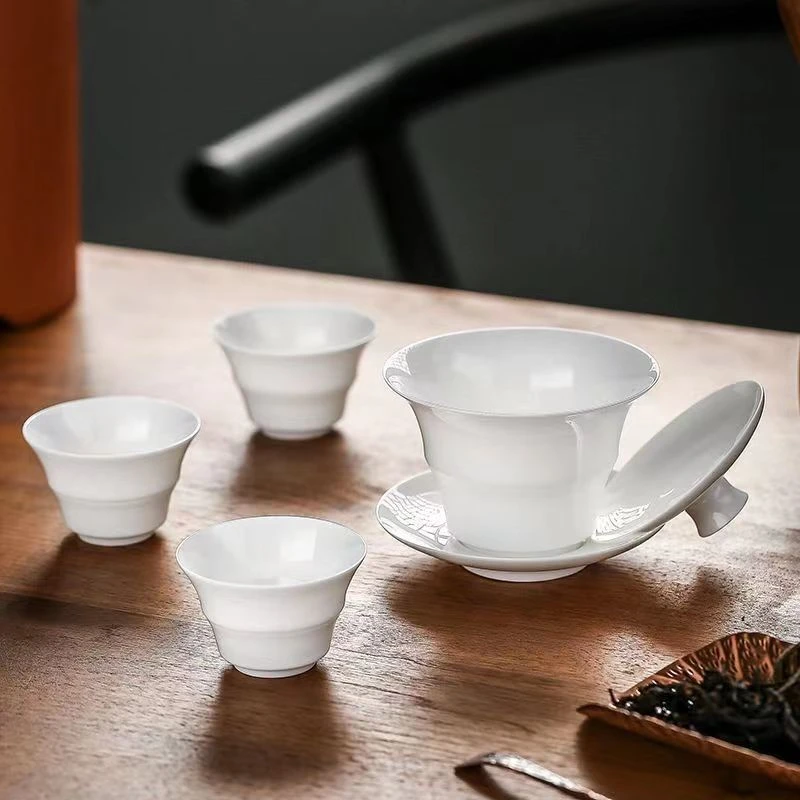 潮州骨瓷茶具骨瓷竹节盖碗薄胎竹节杯品茗杯家用功夫茶具高档茶道