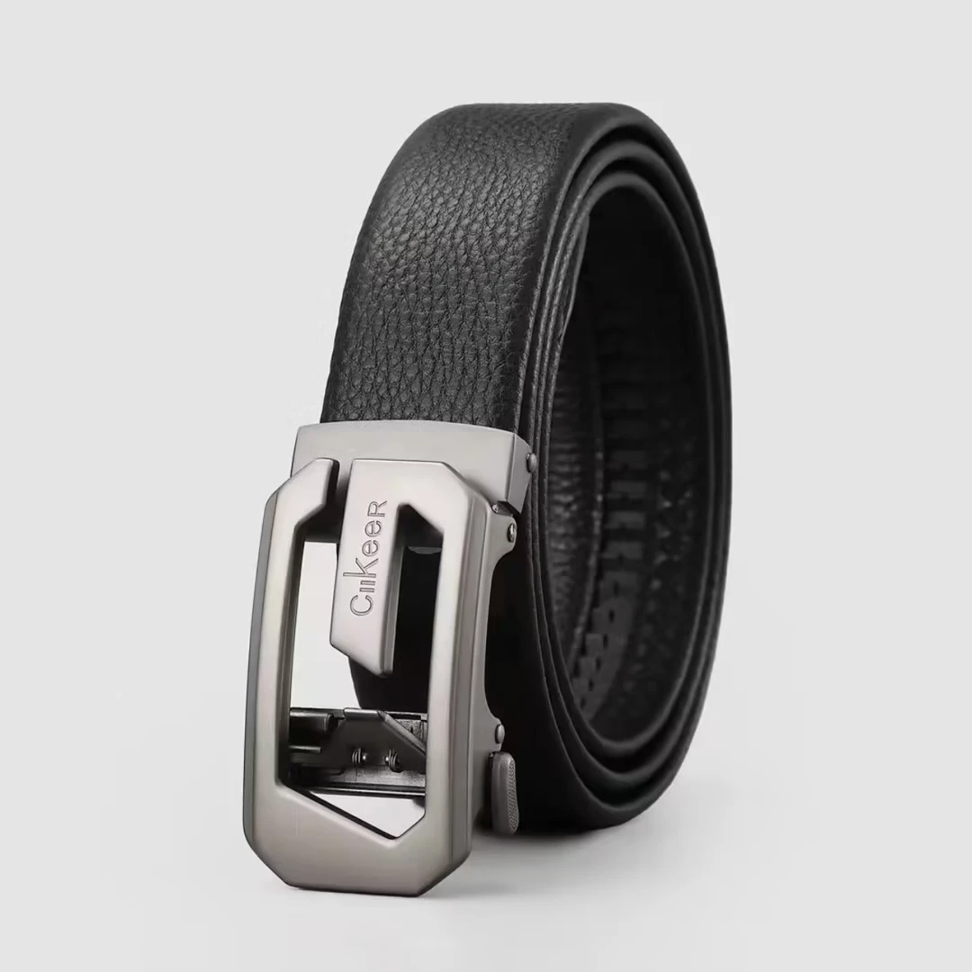 高档头层真牛皮男士腰带经典裤腰带商务自动扣皮带轻奢黑色带扣