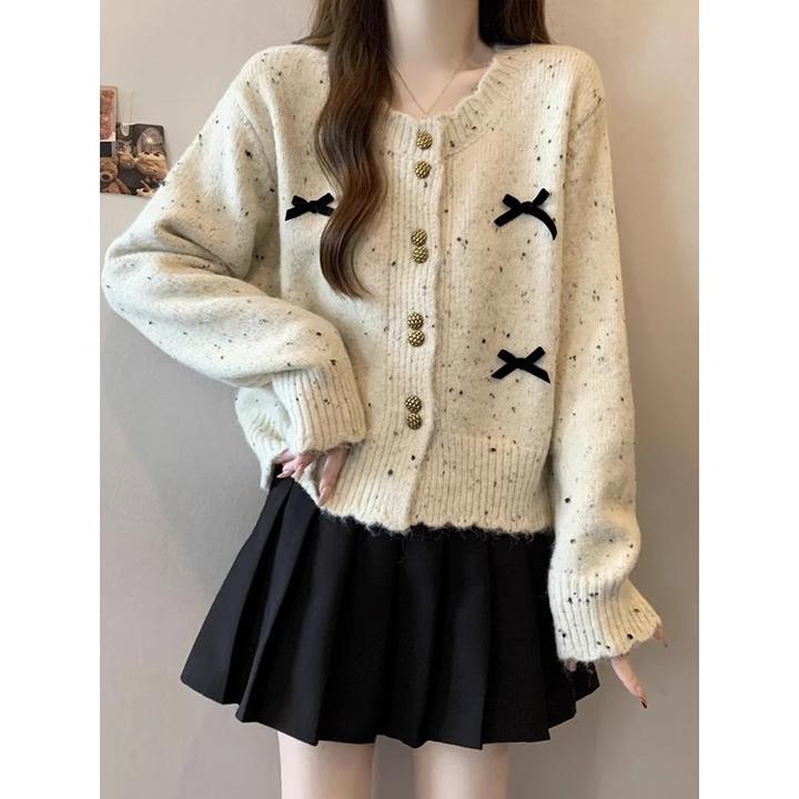 减龄chic彩点针织开衫女2024秋冬新款时尚洋气短款蝴蝶结毛衣外套