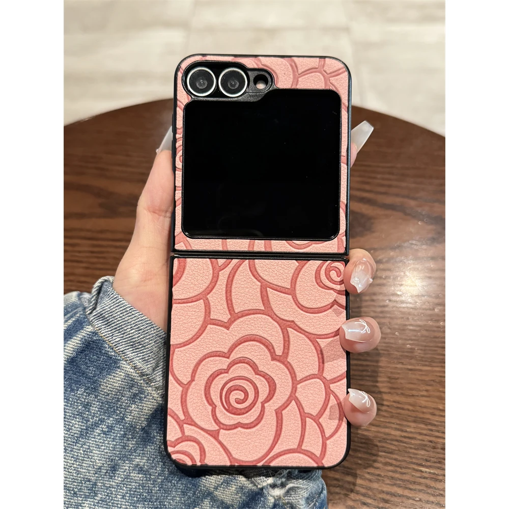 适用zflip6手机壳新款山茶花皮纹zflip5折叠屏保护套高级感zflip4