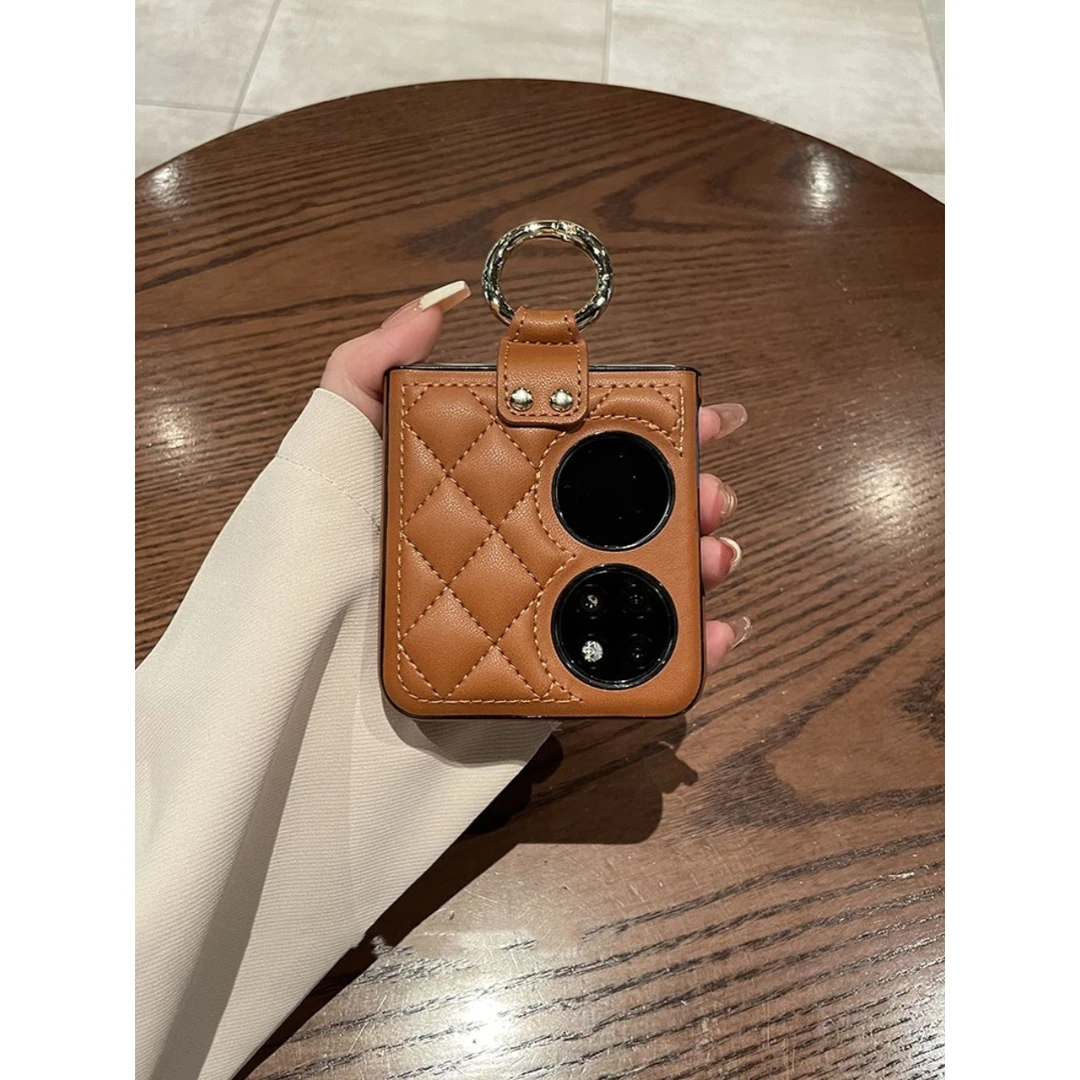 小香风复古棕高档皮质菱格指环扣华为pocket2手机壳p50pocket全包