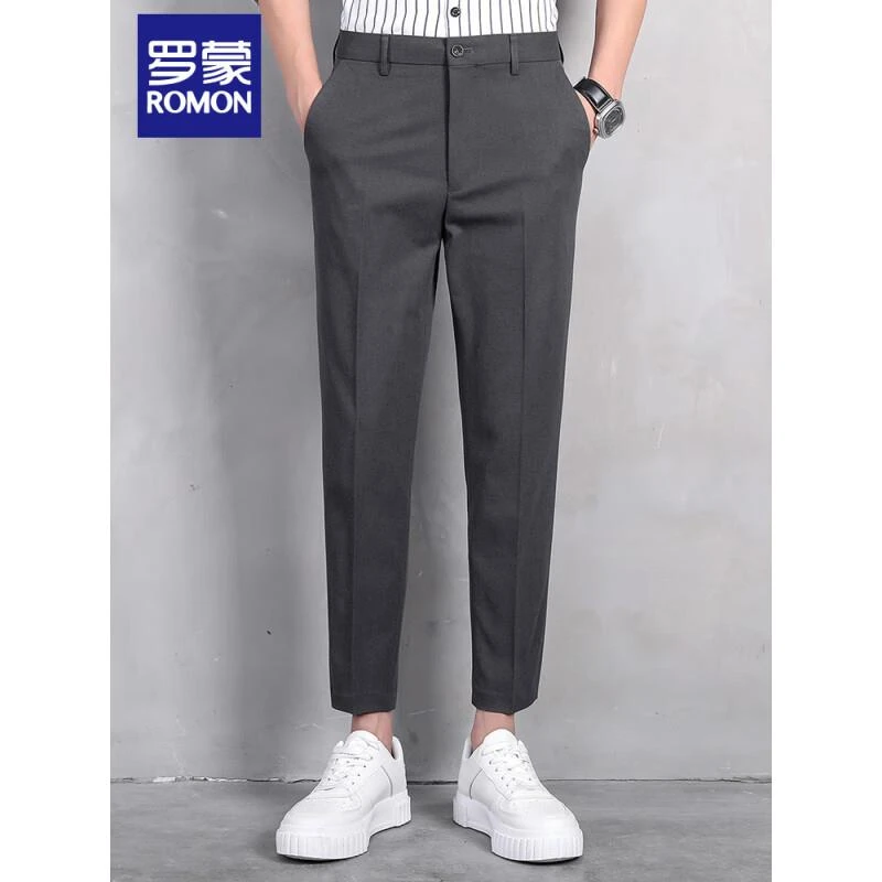 罗蒙黑色西装裤男士修身小脚九分裤春秋新款潮流大码休闲直筒长裤