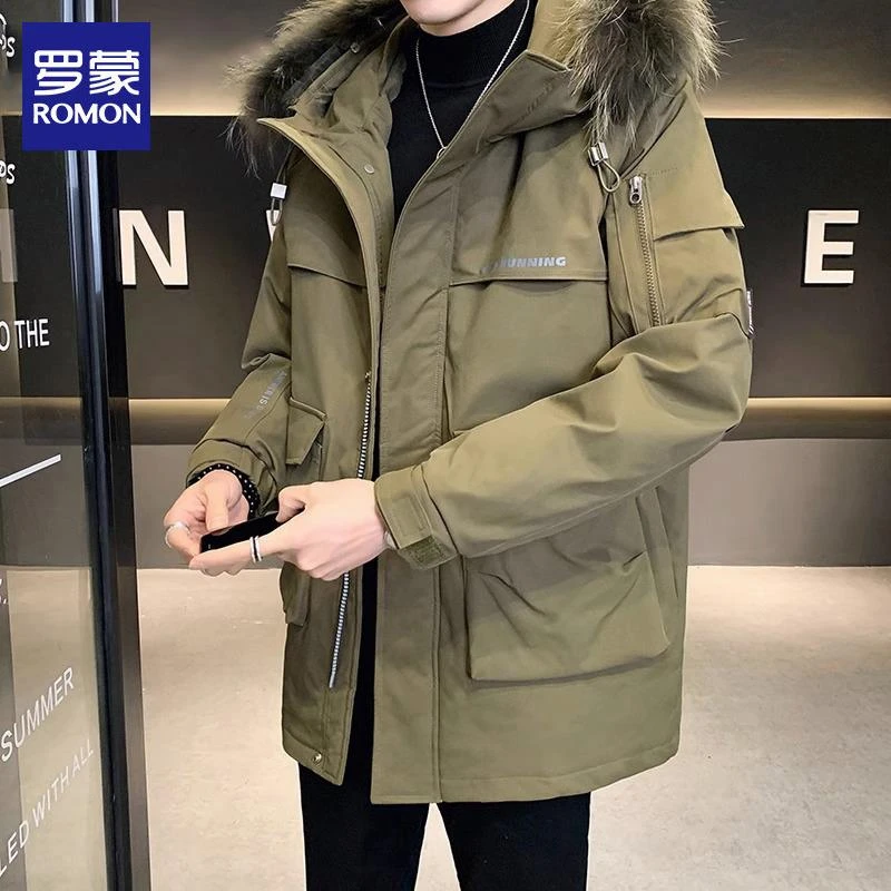 罗蒙高档羽绒服秋冬季新款中长款白鸭绒保暖上衣休闲连帽外套男士