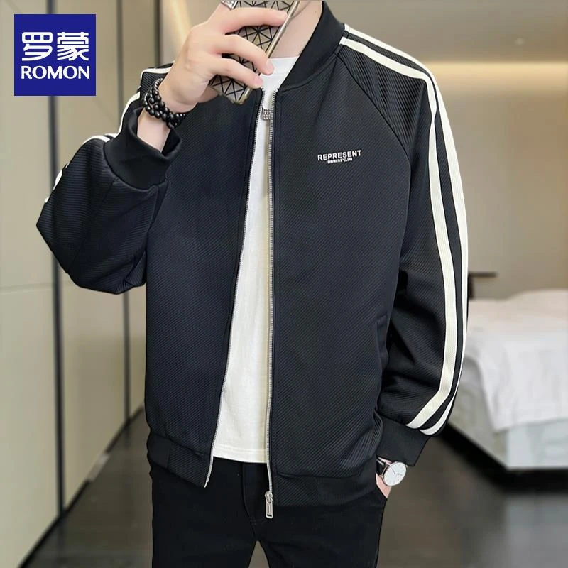 罗蒙春秋季夹克男士宽松新款潮流黑色棒球服上衣时尚休闲百搭外套
