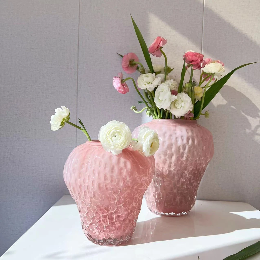 客厅粉色红色草莓玻璃花瓶桌面鲜花新年插花摆件