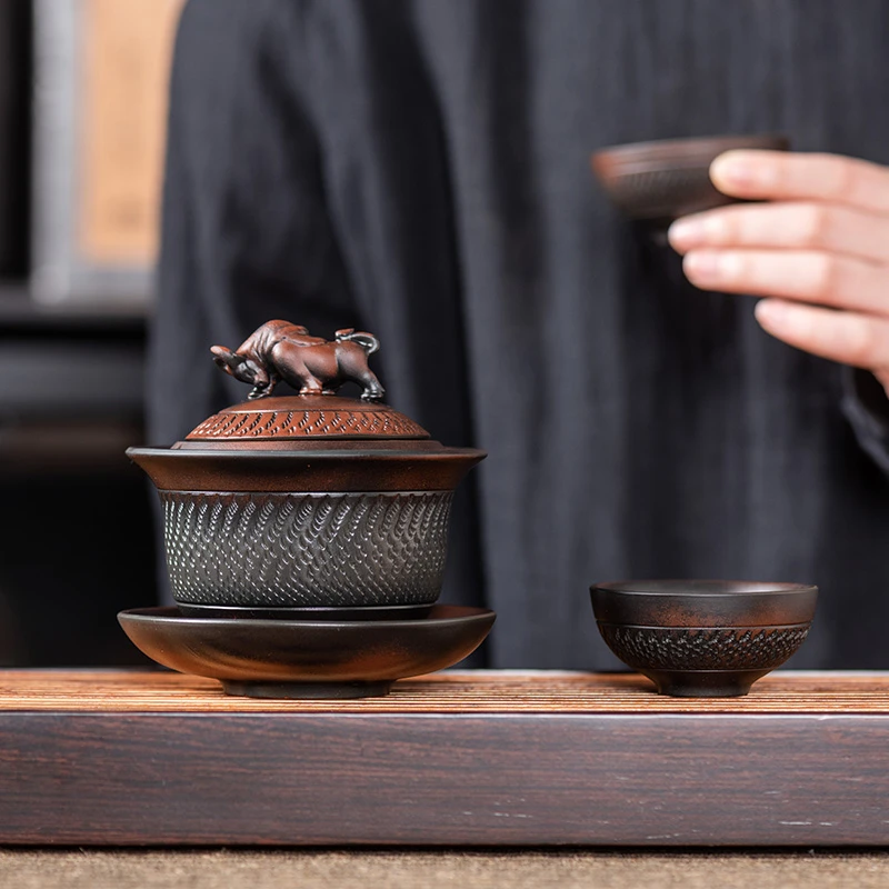 高档建水云南紫陶旋转三才盖碗防烫跳刀茶碗中式泡茶碗茶具瓷盖碗