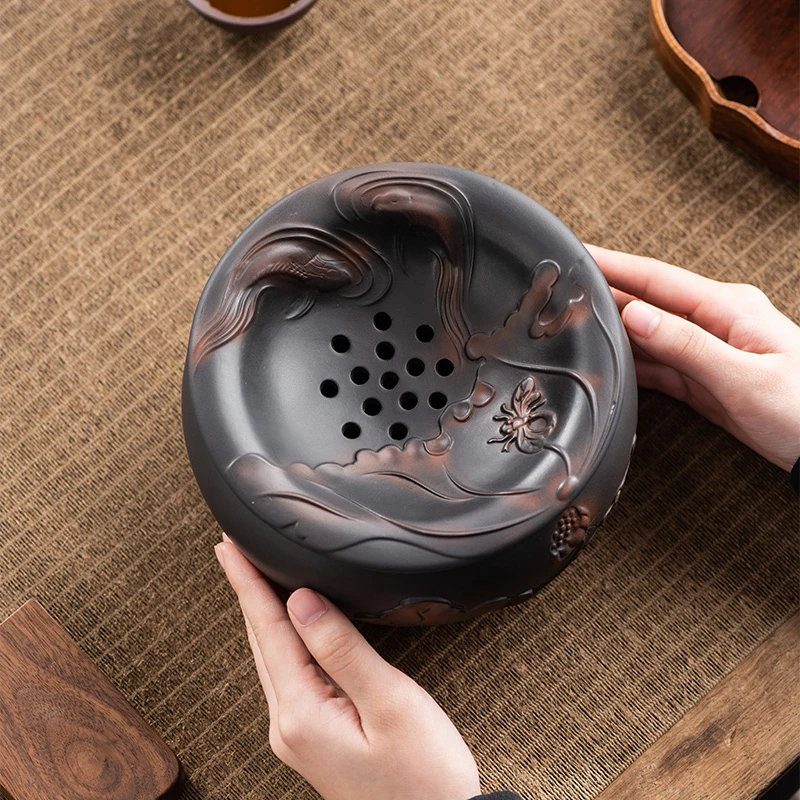 云南紫陶荷韵茶渣缸带盖建水大容量废水桶中式复古茶杯洗茶道配件