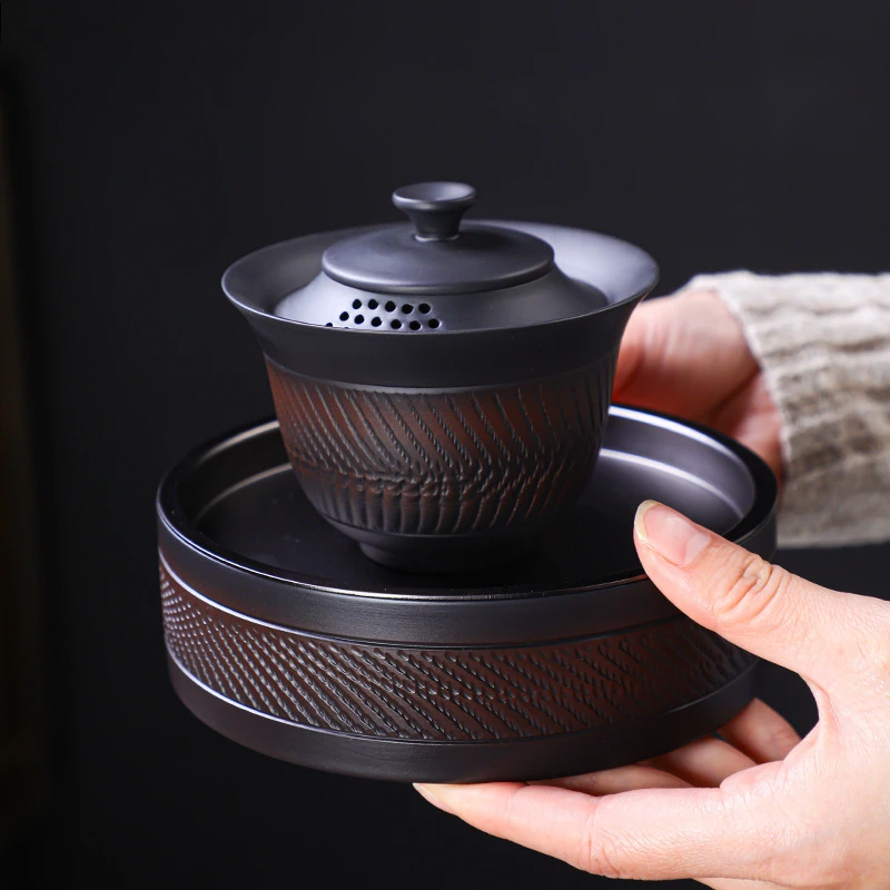 建水紫陶茶具三才盖盖碗防烫泡茶壶功夫茶具高档壶承盖碗茶具套装