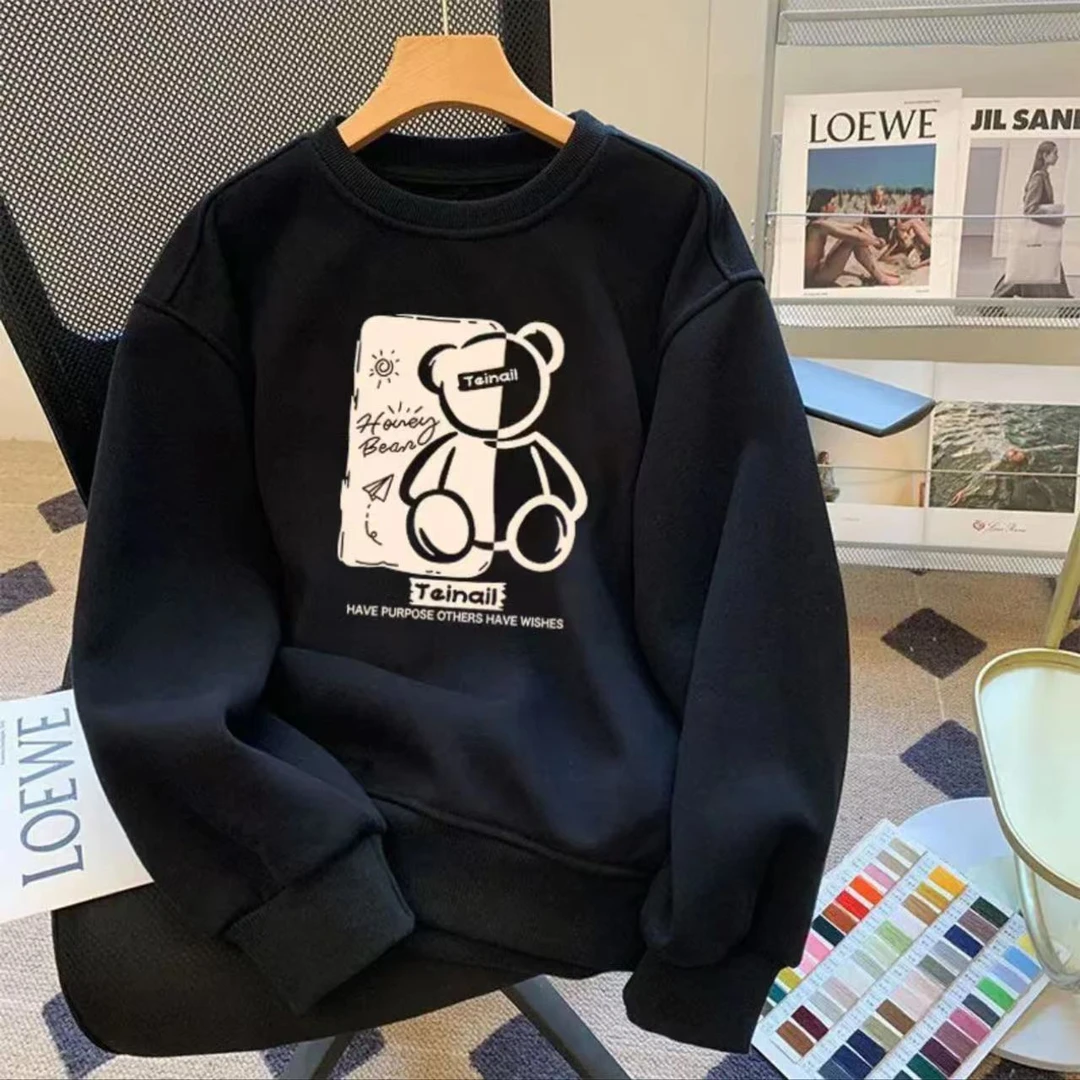 潮流男装长袖黑色圆领卫衣秋冬季加绒无帽打底衫宽松大码纯棉上衣