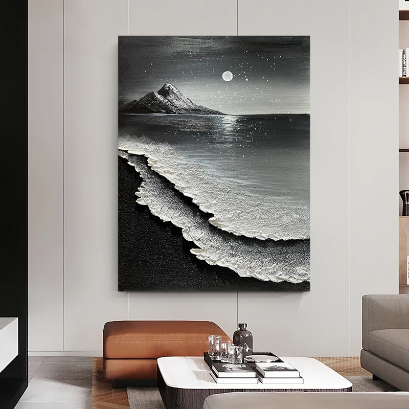 《星空》纯手绘简约抽象黑白海浪玄关装饰画客厅立体肌理挂画
