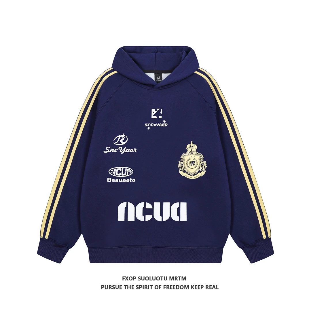 FXOP秋冬国潮撞色条杠情侣徽章印花外套时尚休闲连帽套头卫衣W863