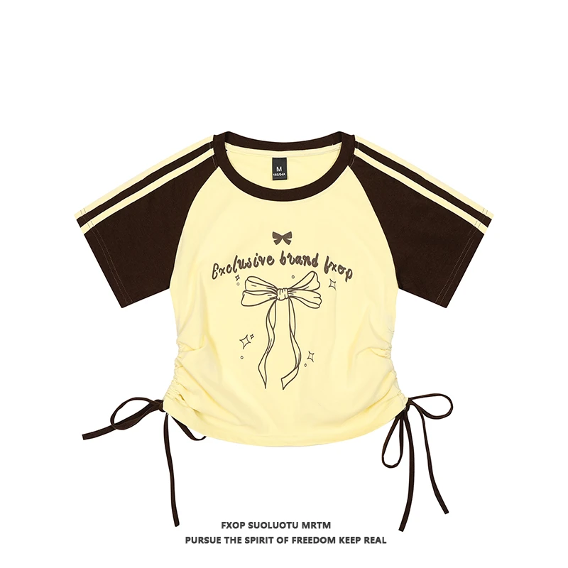 FXOP潮酷辣妹蝴蝶结褶皱设计款短袖上衣女小个子修身T恤#KCS-W843