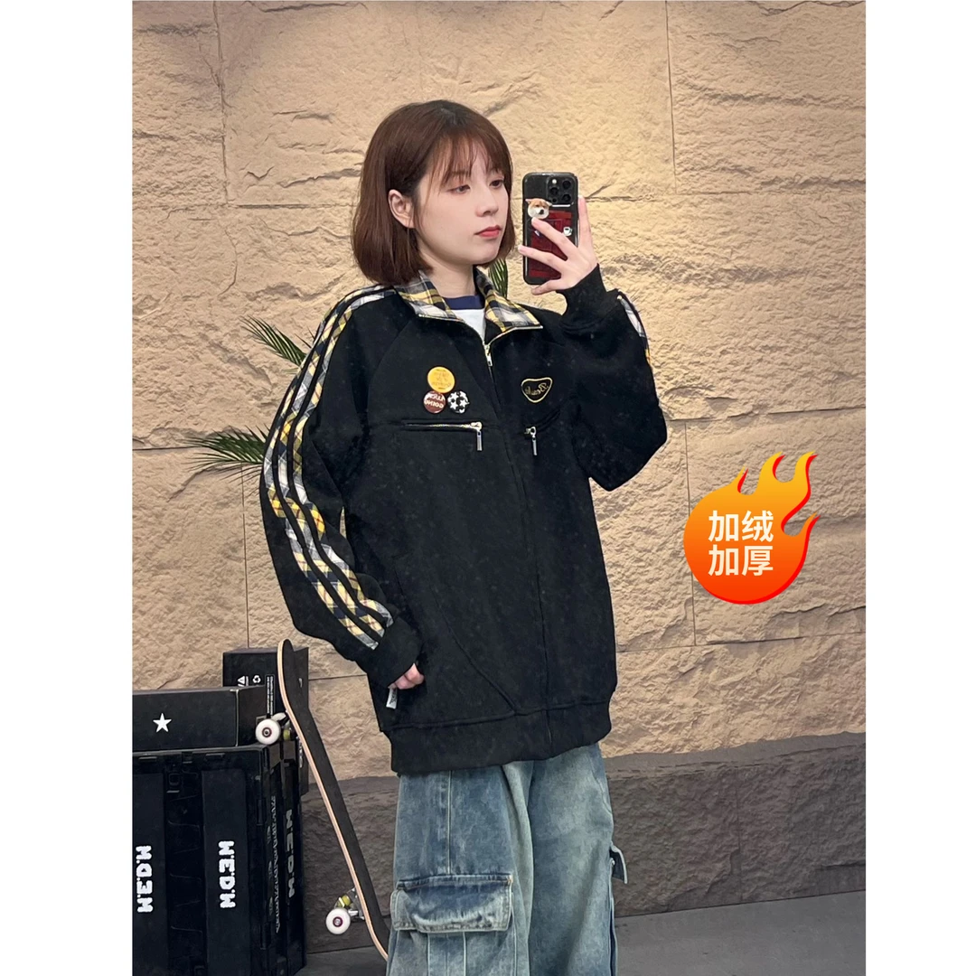 FXOP美式秋冬撞色开衫格子拼接刺绣加绒外套徽章装饰情侣夹克