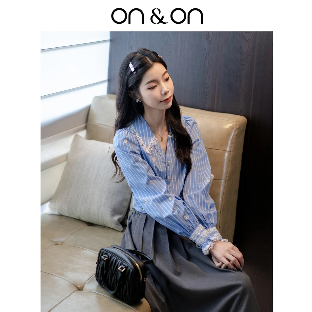 ON&ON/安乃安秋季新款衬衫长袖蕾丝品质女装条纹小衫-N4SA6323011