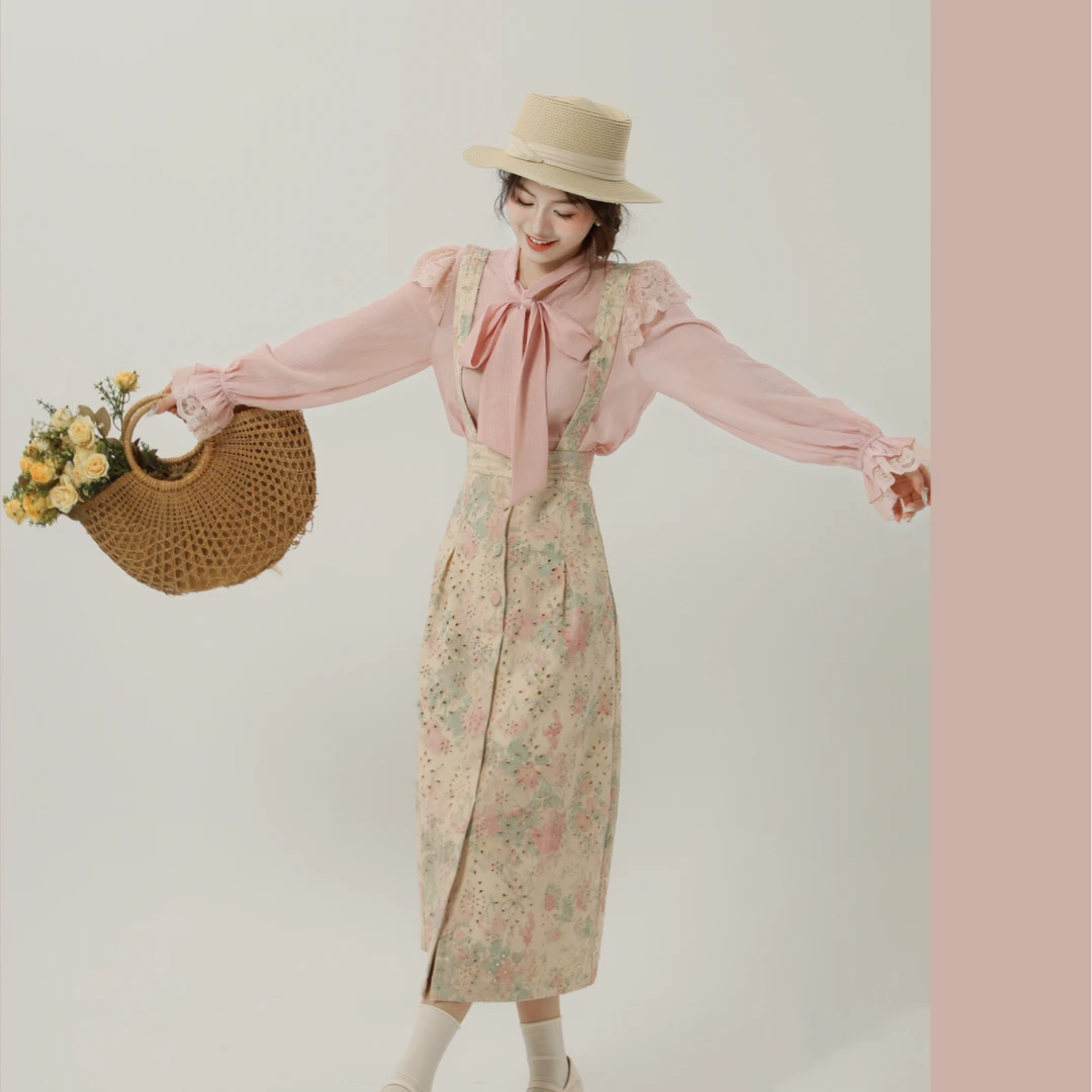 ON&ON/安乃安韩镂空绣花高腰粉色牛仔背带裙少女减龄-N4SA1625391