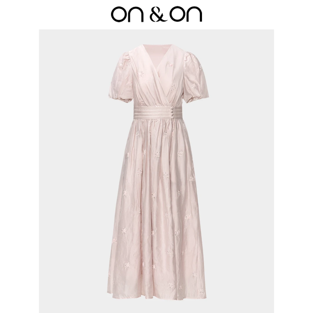 ON&ON/安乃安夏季新款V领泡泡袖刺绣手工钉珠收腰连衣裙N4SW16204