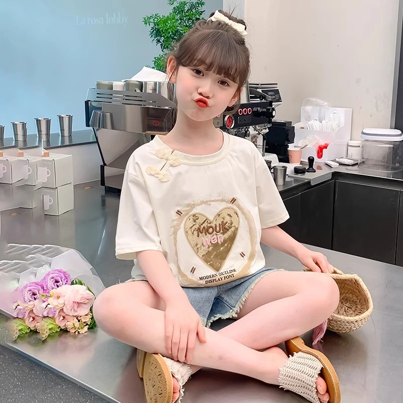 女童短袖夏装t恤2025新款洋气夏季女孩中国风T恤上衣TX-7942