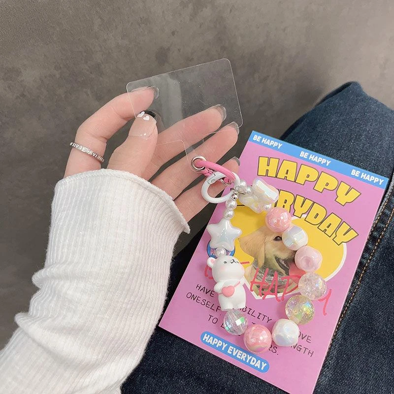 日韩ins小熊撞色珠珠手链手机壳挂绳手机挂件手腕绳链钥匙扣挂饰a