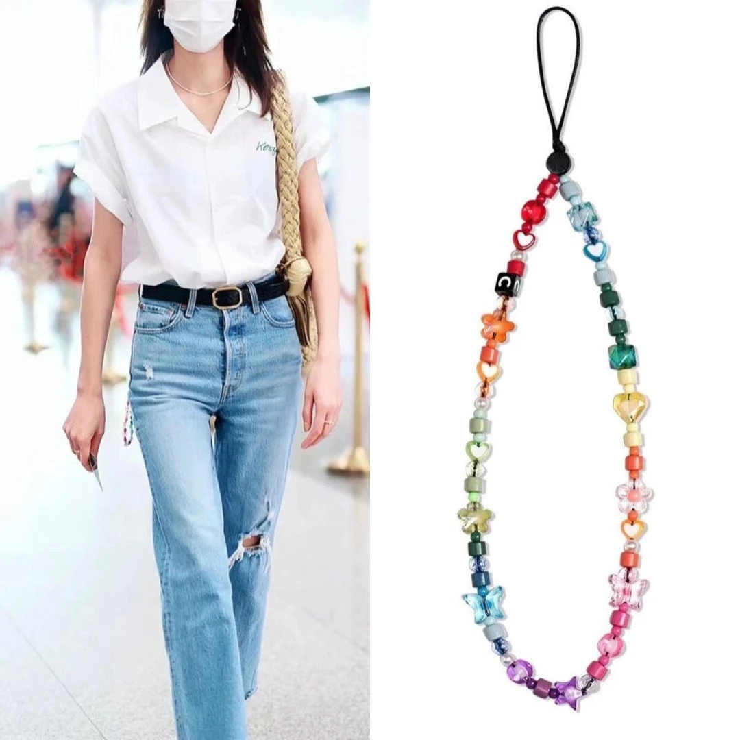 周雨彤张婧仪同款手机链Y2K欧美波西米亚风彩虹色搪瓷合金串珠INS