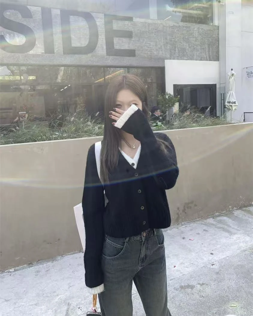 7315假两件针织衫女秋冬新款软糯开衫设计感小众拼接长袖上衣