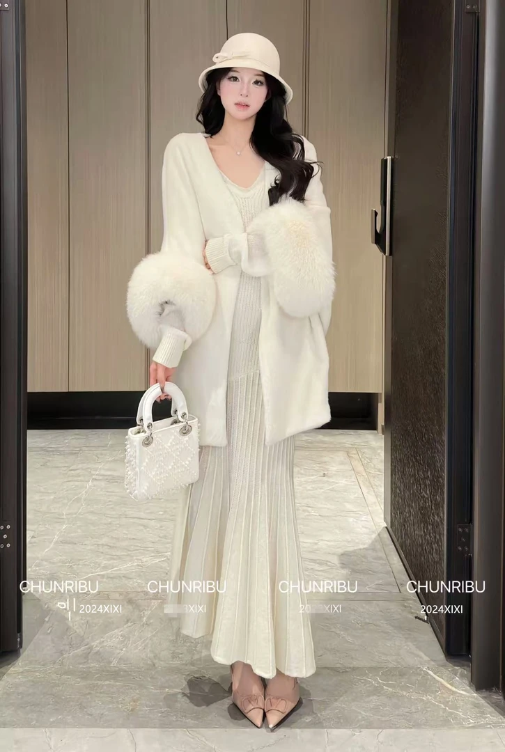 0133 韩漫人鱼 显瘦连衣裙女秋冬收腰v领针织鱼尾裙子